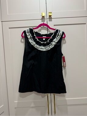 Collection B Black Sleeveless Ruffle-Trim Tank with White Accents